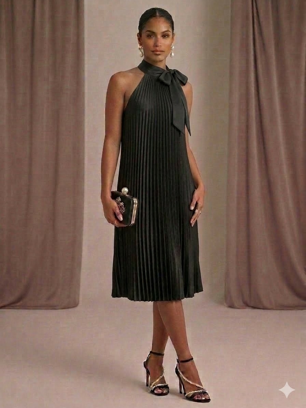 Black Pleated Halter Midi Dress with Bow Neck- MEDIUM